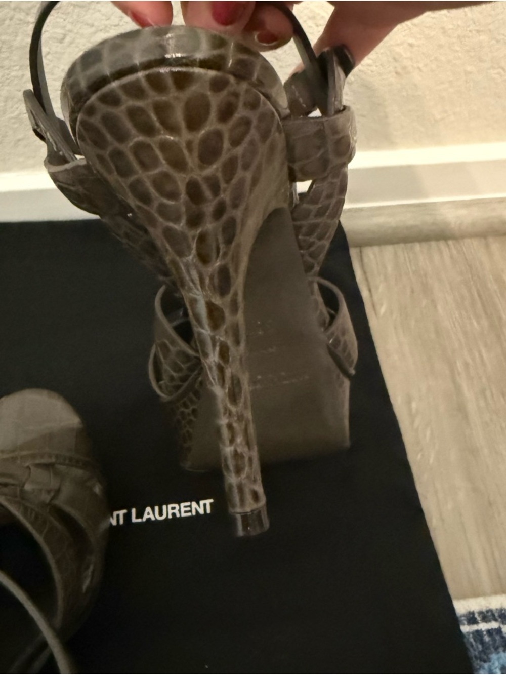 Saint Laurent Brown Taupe  Croc-Embossed Tribute Sandals 38.5 - Picture 6 of 11